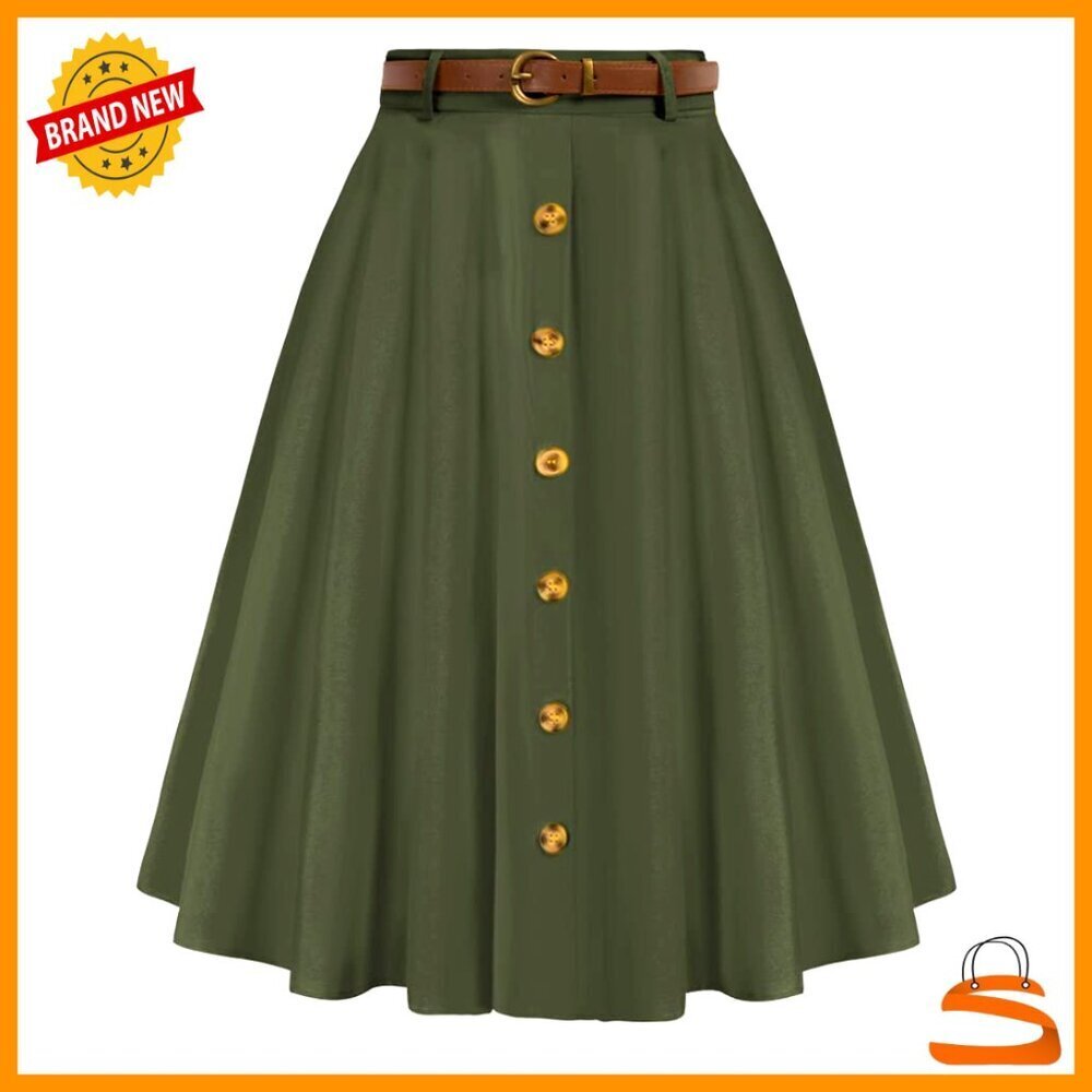 Vintage Stretch High Waist A-Line Flared Midi Skirt with Pockets & Belt